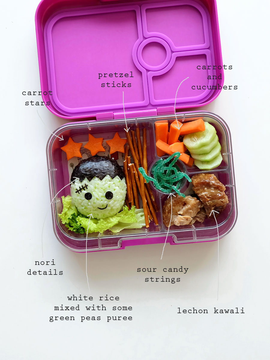 Halloween Lunchbox Ideas: Frankenstein Bento Food Art inside Yumbox Halloween Lunchbox Ideas: Frankenstein Bento Food Art inside Yumbox