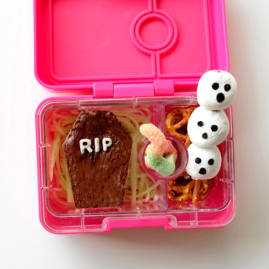 Halloween Lunchbox Ideas: Coffin and Ghosts Graveyard Bento Food Art inside Yumbox Halloween Lunchbox Ideas: Coffin and Ghosts Graveyard Bento Food Art inside Yumbox