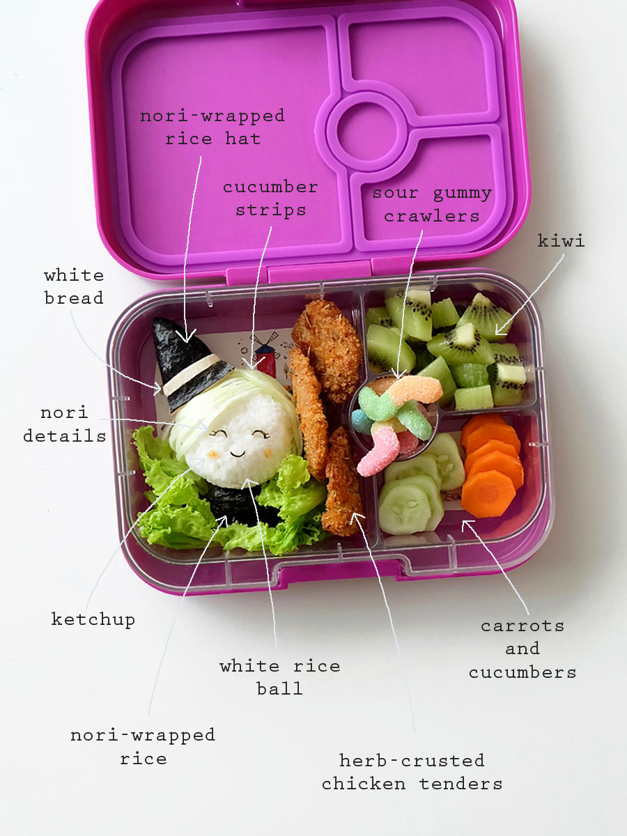 Halloween Lunchbox Ideas: Witch Bento Food Art inside Yumbox Halloween Lunchbox Ideas: Witch Bento Food Art inside Yumbox